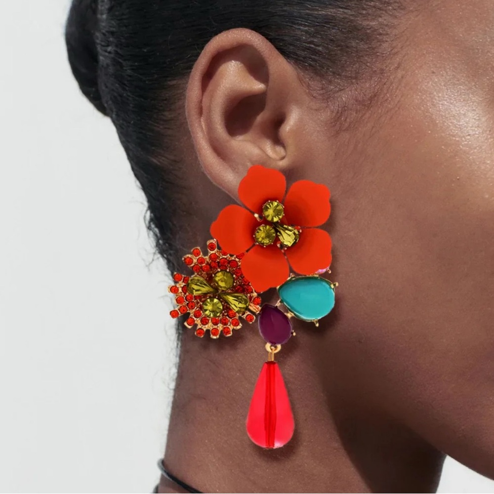 Orange Flower Statement Dangle Earrings - image 3